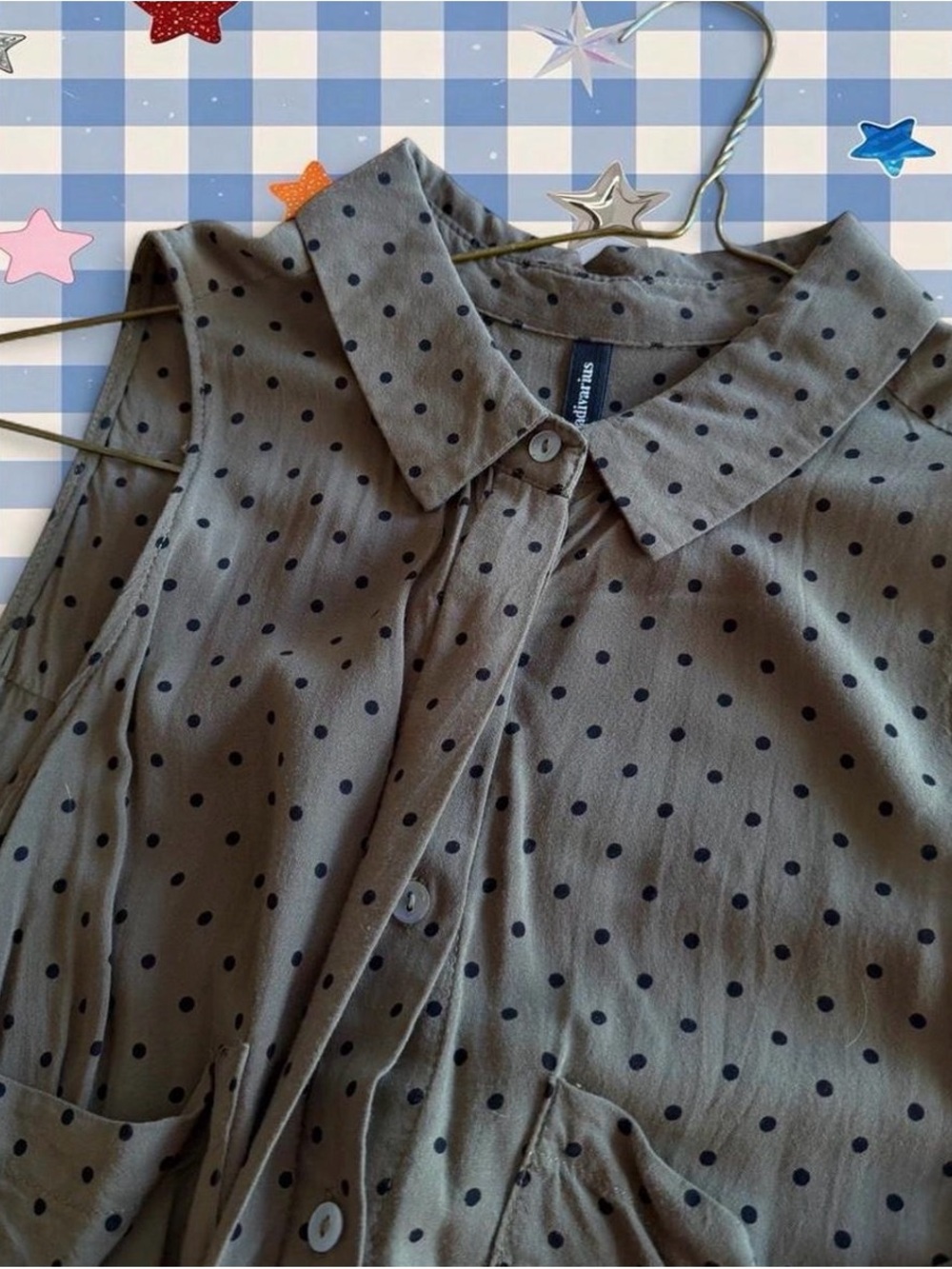 Stradivarius Olive Sleeveless Blouse with Black Polka Dots